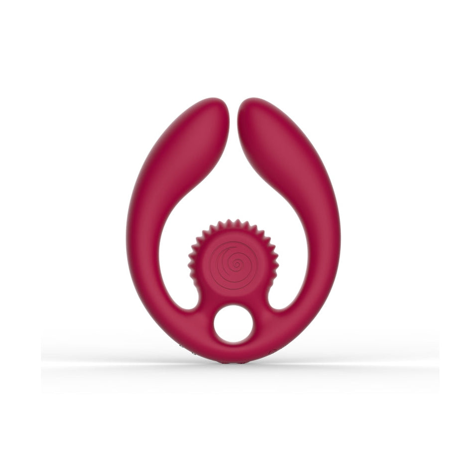 Red silicone ring with gear design on a white background