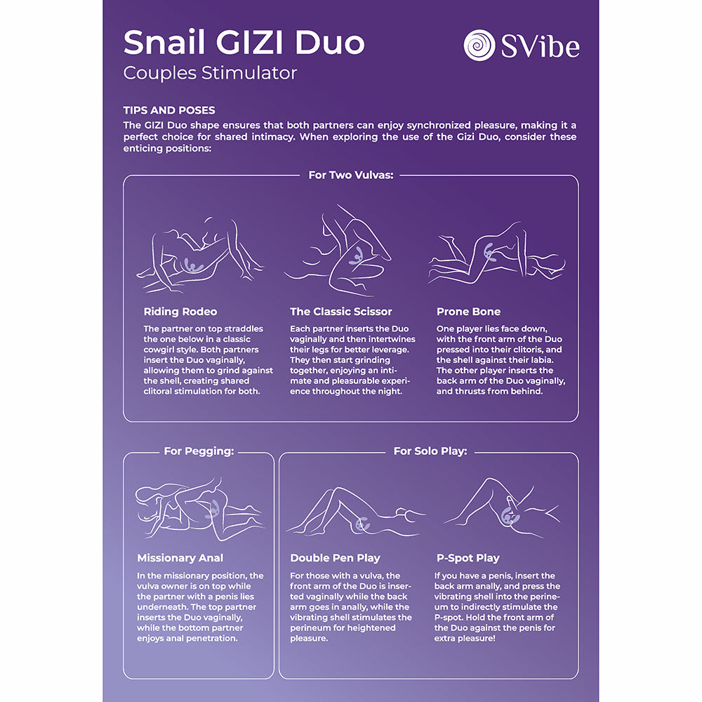 Instructional sheet for Snail GIZI Duo Couples Stimulator by SVibe on a purple background