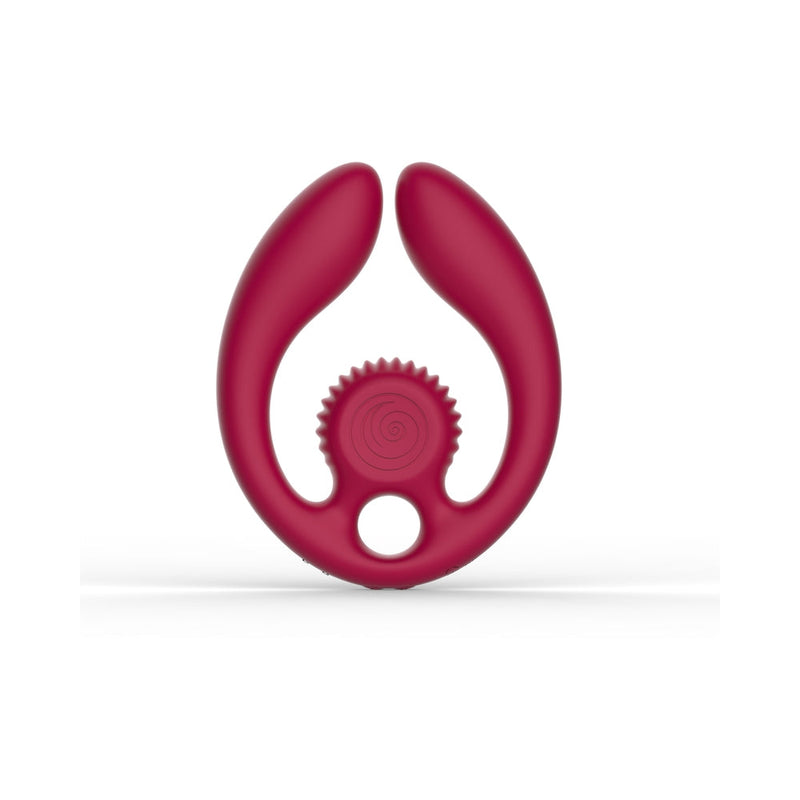 Red silicone ring with gear design on a white background