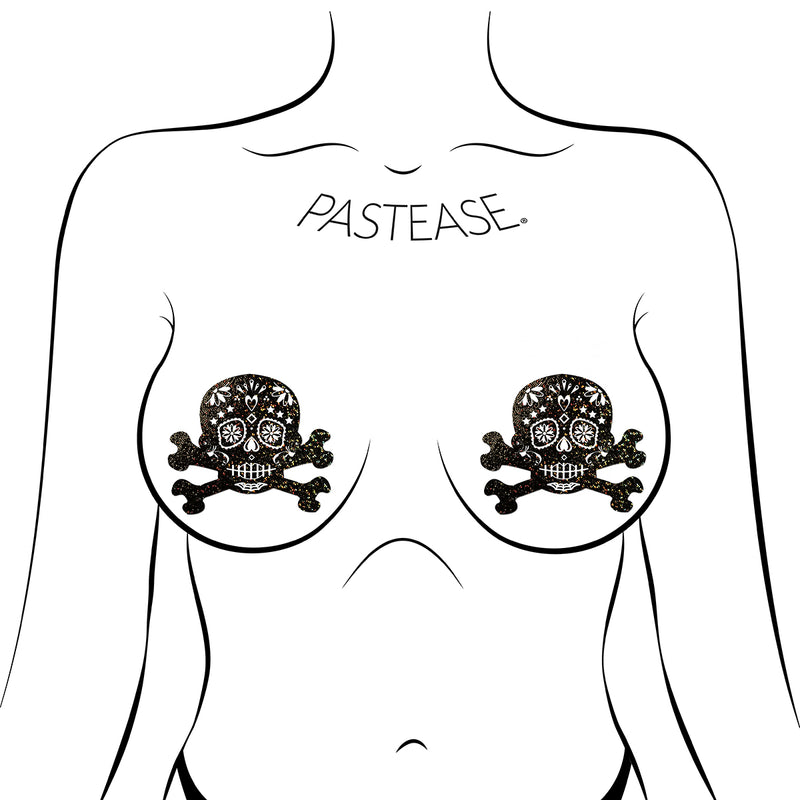Pastease Black Glitter Candy Skull & Crossbones Pasties